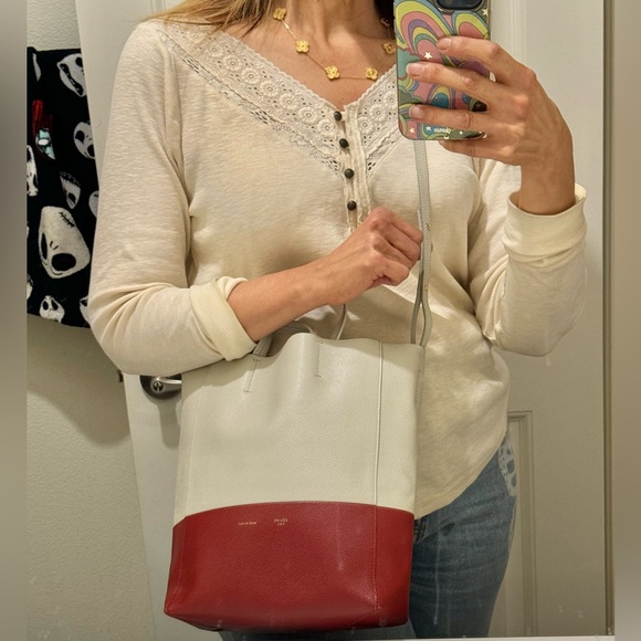 Celine Grained Calfskin Small Vertical Bi-Cabas Cream Red with COA - Picture 7 of 16